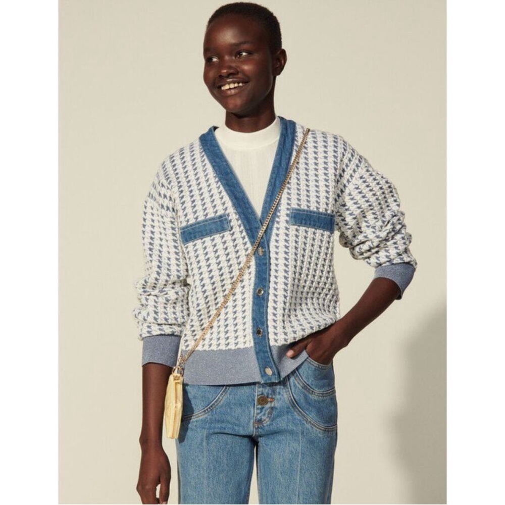 Sandro Marillys Tweed & Denim Cropped Cardigan Wool Blend XS